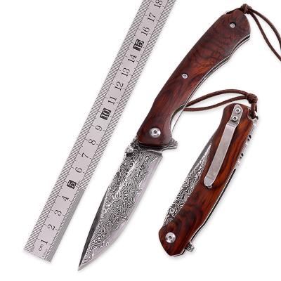 China Exquisite Handmade Yellow Sandalwood Handle Damascus Knife Camping Survival EDC Folding Steel Outdoor Pocket Knife for sale