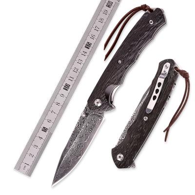 China Exquisite Handmade KJDG1402 Ebony Wooden Handle Outdoor Camping Survival Folding Damascus Knife for sale