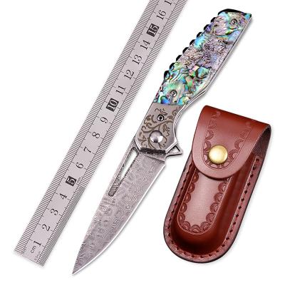 China Exquisite Handmade High-end Survival Knife Shell Handle EDC Damascus Handmade Camping Folding Pocket Knife With Key Chain for sale