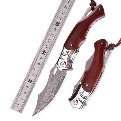 China High Grade Sandalwood Material Particulate Handle Damascus Steel Hunting Folding Pocket Knife for sale