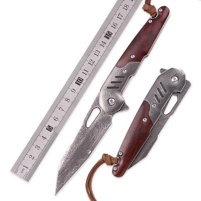 China Factory High Grade OEM Damascus Steel Handmade Knife Fine Handmade Knife Rosewood Handle EDC Folding Pocket Survival Knife With Leather Sheath for sale