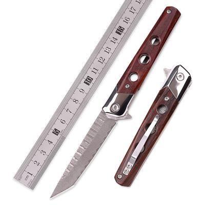 China 2022 Damascus fine knife high grade handwork sandalwood handle folding pocket knife handmade outdoor camping tools with leather sheath for sale