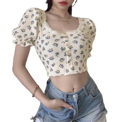 China QUICK DRY crop tops for women main 2022 retro floral short women's puff sleeves navel shirt shirts summer style T-shirt for women for sale