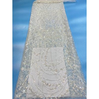 China Other latest high fashion white African lace fabric 2021 luxury sequin beaded lace fabric for wedding wholesale for sale