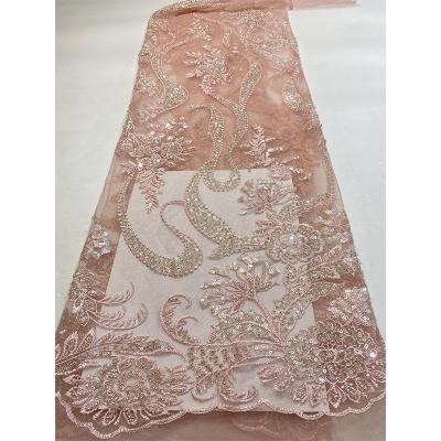 China Other High Fashion African Fabric Textile 2021 Latest Tulle Lace Luxury Sequin Beaded Bridal Lace Fabric for sale