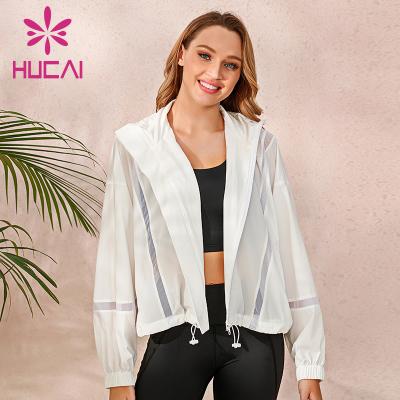 China Women Antibacterial Wholesale White Fitness Lightweight Zipper Drawstring See Through Workout Top Yoga Jacket for sale