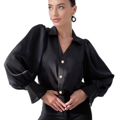 China European and American satin shirt women's satin lapel long sleeve fashion temperament long sleeve black casual shirt women's anti-pilling clothing for sale