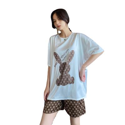 China Spring And Autumn Cartoon Antibacterial Hot Selling Rabbit Three Piece Pajamas Around The Neck Ice Silk Comfortable Home Clothes for sale