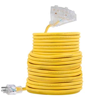 China Home Appliance 100ft Outdoor Extension Cord Rubber Flexible Triplex Yellow Wire Outlet With Live Power Light Indicator for sale