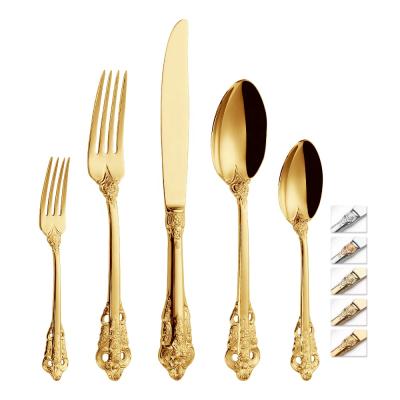 China Vintage Sustainable Royal Gold Plated Stainless Steel Hotel Flatware Flatware Set Unique For Hotel Wedding Events for sale