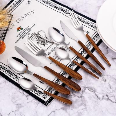 China Viable Stylish ABS Wood Plastic Handle Grain Stainless Steel Metal Fork Set Reusable Silverware Spoon Cutlery Set for sale