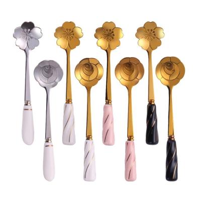 China Viable Creative Cutlery Flower Shape Teaspoon Stainless Steel Gold Tea Spoon for sale