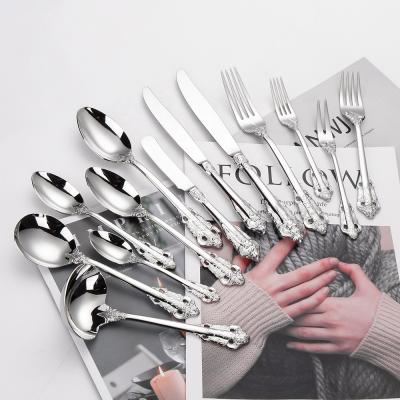 China Durable European Style Mirror Polish Silver Cutlery Set Classic Anaglyph Stainless Steel Flatware for sale