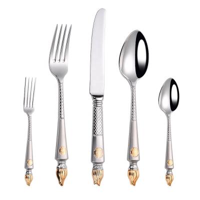 China Sustainable Luxury Stainless Steel Silver and Gold Plated Santin Cutlery Set Court Style Wedding Silverware Set for sale