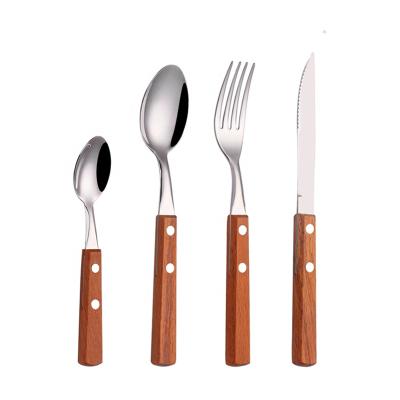 China Workable 4-Piece Stainless Steel Handle Wooden Cutlery Set Set Knife Fork Spoon Stainless Steel Silverware Flatware Set for sale