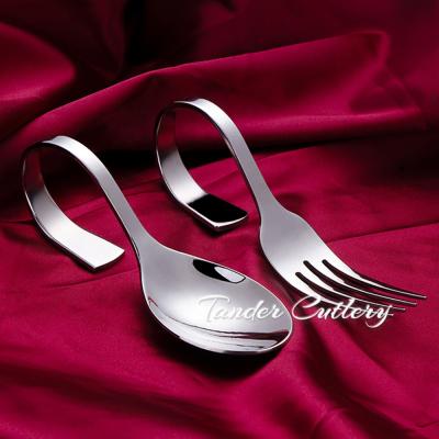 China Sustainable Seafood Spoon Stainless Steel Silverware Set Hanging Tasting Flatware Curved Handle Serving Spoon for sale