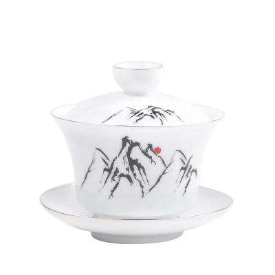 China Sustainable Red-crowned Crane Pattern Gongfu Tea Cups Set Ceramic Lid And Bowl Sancai Gaiwan Golden Border for sale