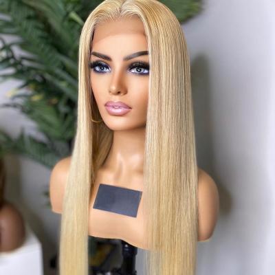 China Straight Vendors Cuticle Aligned Virgin European Human Hair Wigs Highlights Blonde Color Glueless Transparent Lace Front Wigs For Woman for sale