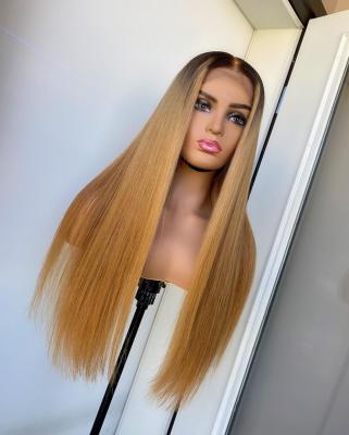 China Straight Hot Selling Cuticle Aligned virgin Human Hair Ombre Honey Blonde Color Long Straight Transparent Lace Front Wigs For Woman for sale