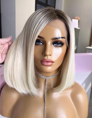 China Straight Hot Selling Quality Virgin European Human Hair Cuticle Aligned Highlights Color Straight Bob Wig Lace Front Wigs For Woman for sale