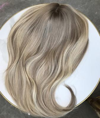 China Straight Top Quality Highlights Blonde Color Ash Root 100% European Human Hair 613 Topper Silk Base Toupee For Women for sale