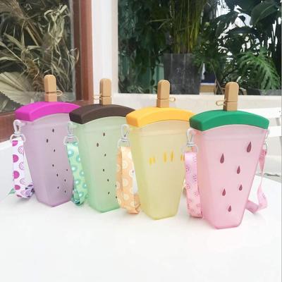 China 2021 Viable New Gift Wholesale Ice Cream Shaped BPA Free Straw Cup Creative Plastic Popsicle Water Bottles With Rope for sale