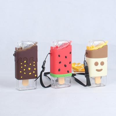 China New Viable Wholesale Gift Straw Cup Creative Popsicle Shaped Ice Cream Plastic Water Bottle BPA Free With Rope for sale