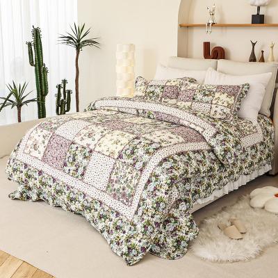 China New Cotton Double Bed Coverlet Three-Piece Set Nondisposable Green Purple Material Of Pillowcase for sale