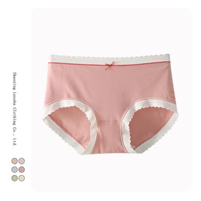 China Soft And Comfortable Antibacterial Cute Girl Women's Long-staple 60s Cotton 90s Mid-Waist Lace Panties With Bow Decor for sale