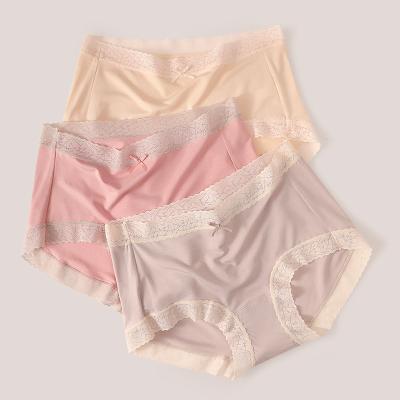 China 6 Colors High Edge Lace Woman Antibacterial Soft Breathable Women Seamless Modal Elastic Mid Waist Brief Panties With Bow for sale