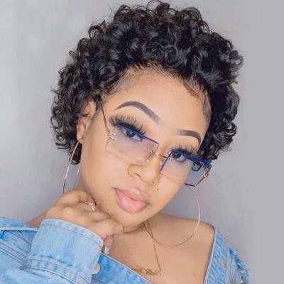 China Short Pixie Haircut 13x1 HD Curly Wig Transparent Swiss Lace Front Curly Human Hair Wigs 6 Inches 150% Density Virgin Hair Wig for sale