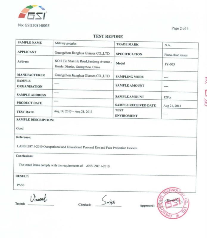 ANSI Z87.1 2003 - Guangzhou    Jianghua Glasses Factory