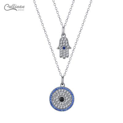 China CLASSIC 925 Sterling Silver Customizable Double Layered Hamsa Hand Around Evil Eye Necklace Set for sale