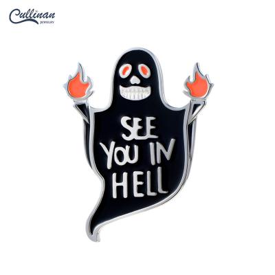 China Wholesale Customized Wholesale Silver Brooch Halloween Enamel Brooches Personalized Designer Evil Ghost Flame Jewelry For Women for sale