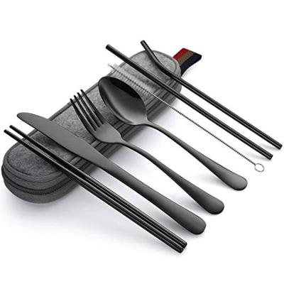 China Amazon Viable Portable Dinnerware Knife Fork Spoon and Chopsticks Set 304 Stainless Steel Straw Flatware Set for sale