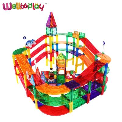 China 2021 Building Toy Wellbbplay 80pcs Magnetic Tile Car Race Track For Kids Train Track Toy Set for sale