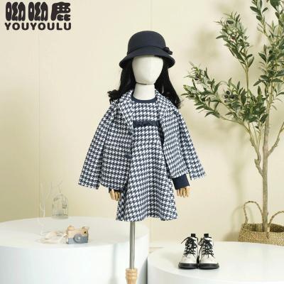 China New Design Breathable Kids Clothes Spring Kids Dress Little Girl Knitted Houndstooth Long Sleeve Coat+Skirt Set Hoodie Dress for sale