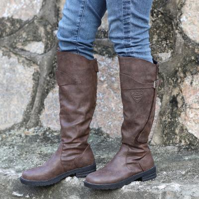 China High Heel Waterproof Leather Boot Women Calf Wide Knee High Boots Leather Trim Tall Flat Knee Boots For Women Ladies for sale