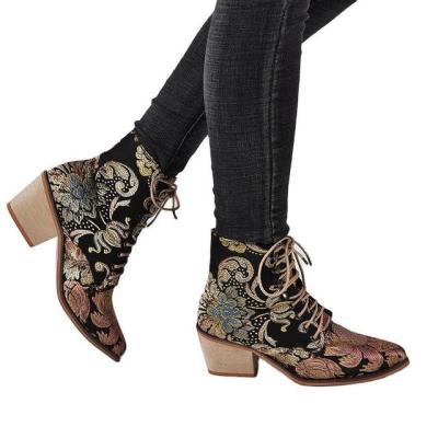 China 2021 Autumn Winter Breathable Shorts Boot Women's Colorful Embroidered High Heel Chunky Embroidery Women's Shoes for sale