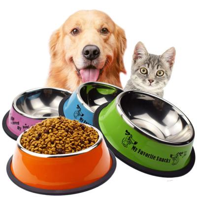 China Viable Hot Sale Color Printed Metal Stainless Steel Pet Dish Rubber Bottom Pet Driver Dog Bowl for sale