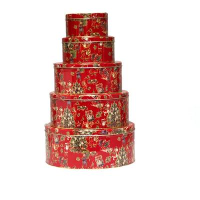 China Wholesale Food JH Christmas Round 5 Piece Christmas Gift Tin Box Set Nested for sale