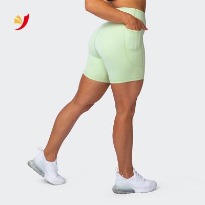 China New Breathable Women High Waist Yoga Running Shorts Set Gym Workout Fitness Butt Pocket Biker Lifting Shorts for sale