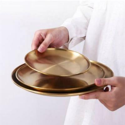 China Retro Dish Sustainable Korean Gold Dish Stainless Steel Disc Barbecue Dish Shallow Tray for sale