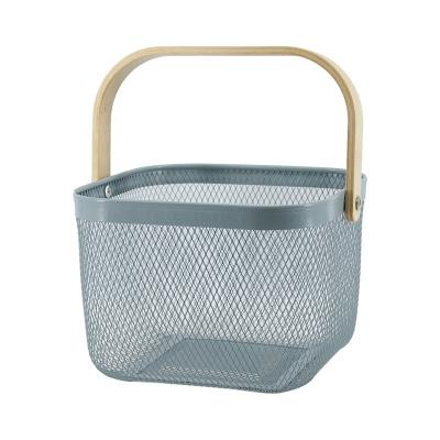 China Colorful Farmhouse Metal Wire Food Folding Storage Bin Basket Organizer With Handle Solid Wood Picnic Basket for sale