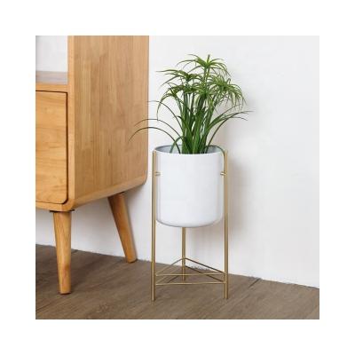 China Minimalist White Metal Flower Plant With Gold Stand For Table Floor Decoration Greenish Planter Pot For Decor for sale