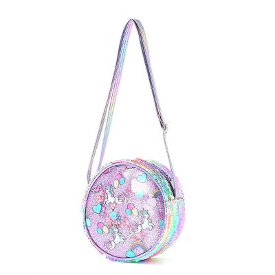 China Cute Unicorn Fashionable Cartoon Round Transparent Pvc One Shoulder Kids Spilled Sequins Messenger Bag for sale