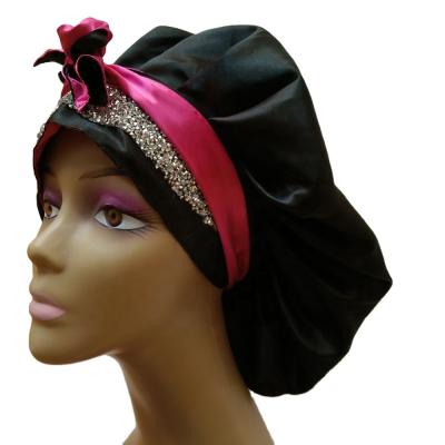 China Eco-Friendly Diamond Custom Women's Long Hoods With Double Layers HeadWrap Sleep Satin Silk Tie Hoods for sale