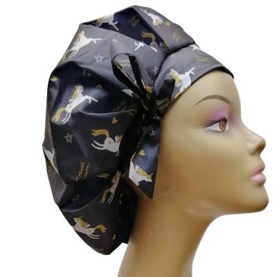 China Cartoon Women Beauty Satin Silky Shower Cap With Bowknot Double Layers Reusable Bath Hair Caps for sale