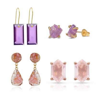 China Custom Women Durable Crystal Pendant Jewelry Yellow Gold Plated Pink 925 Sterling Raw Natural Irregular Jade Silver Stone Earrings for sale