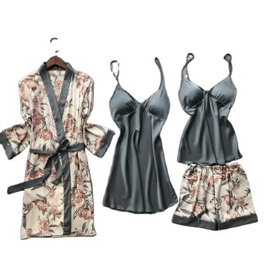 China QUICK DRY Home Suit Silk Pajamas For Women Lounge Wear Pijama Summer Pajamas Satin Sleepwear Floral V-neck 2 Piece Sets for sale